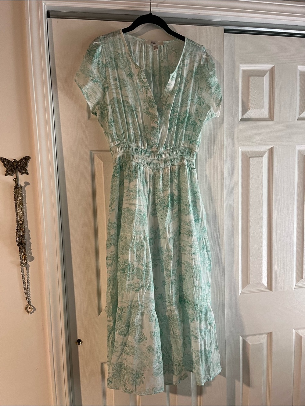 Light Green and White Patterned Midi Dress with Smocked Waist